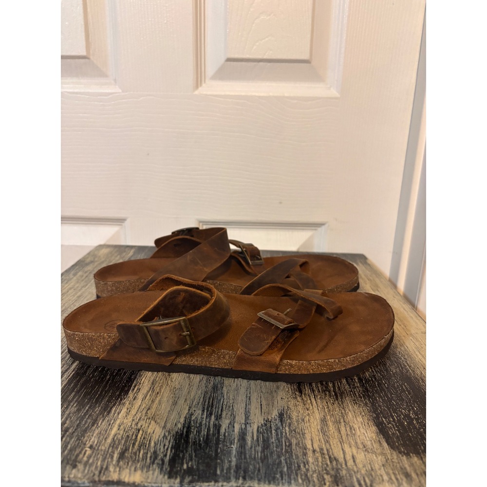 White Mountain Gracie Brown Leather Strappy Buckle Cork Footbed Sandals 10M